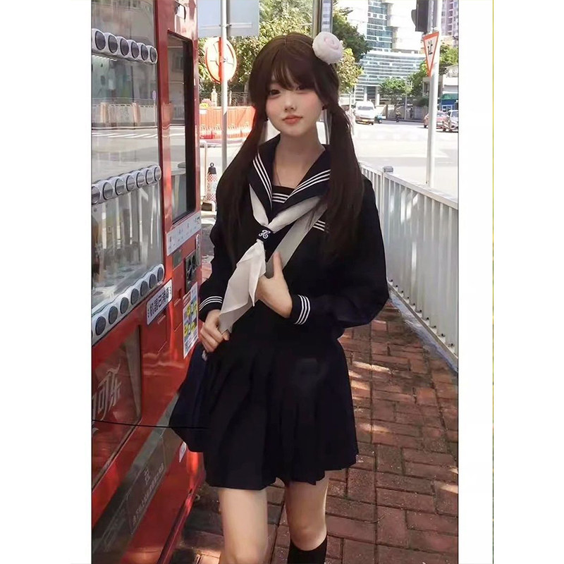 中间服水手服jk制服裙一整套绀领长短袖衬衫基础款绀JK短裙制服