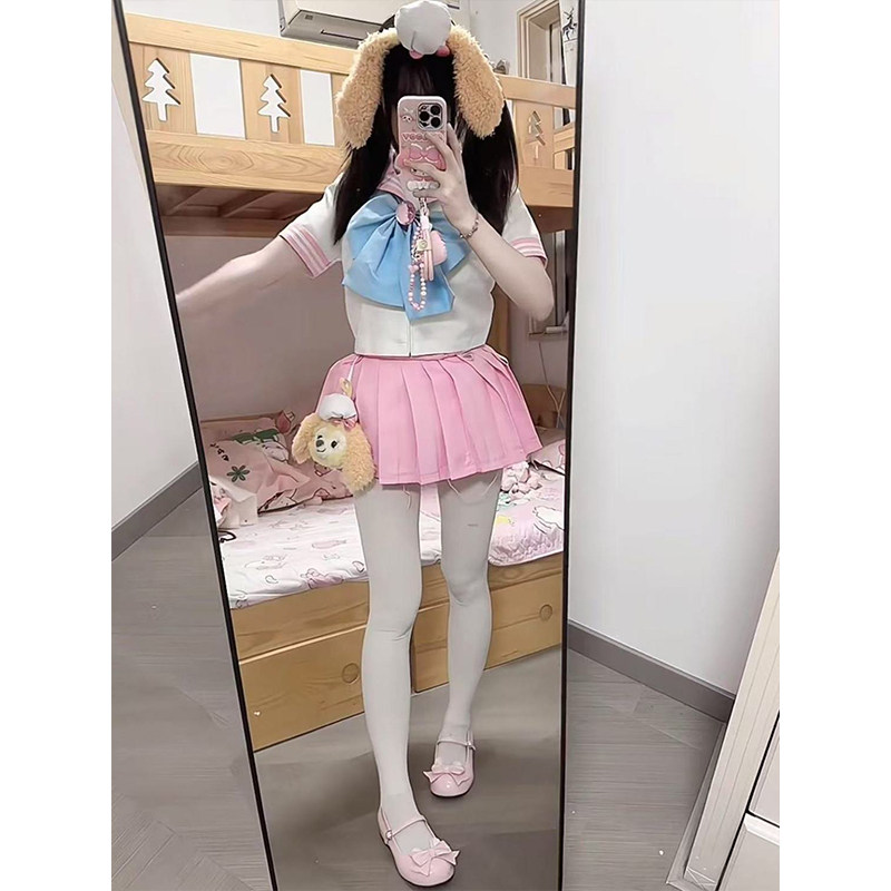 学院风穿搭少女粉色蓝色水手服短袖女衬衫可爱短裙原创JK制服百搭