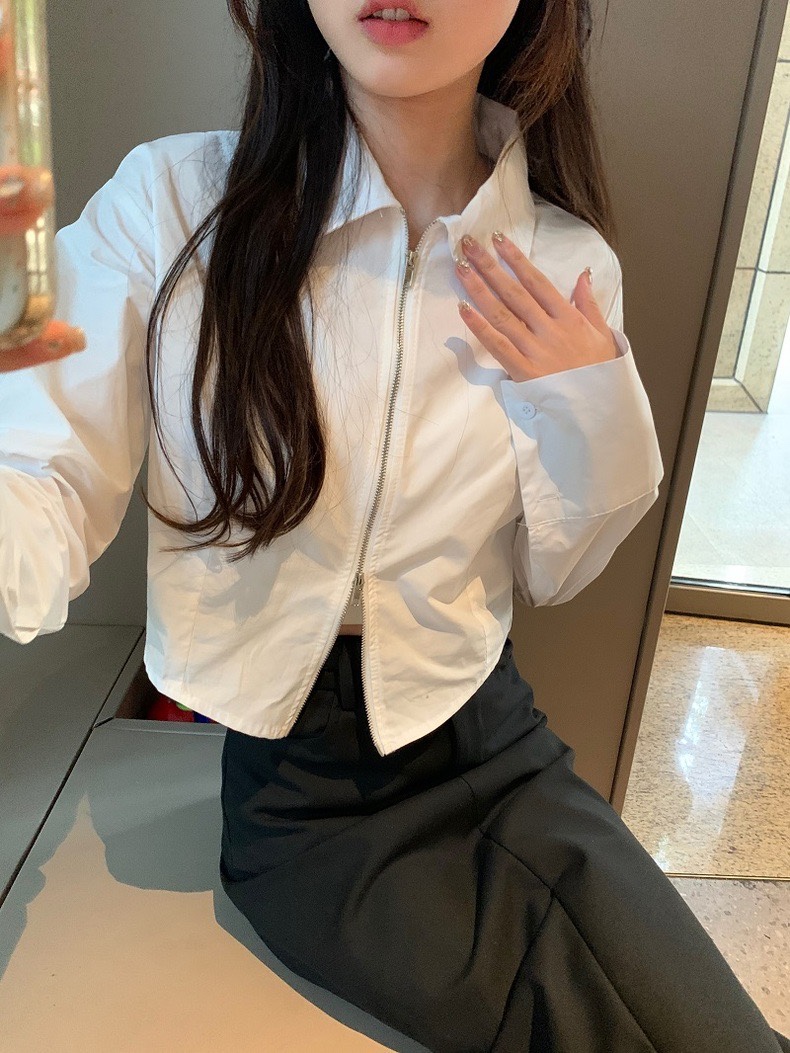 法式气质拉链白色衬衫女春季设计感短款别致上衣内搭打底长袖衬衣