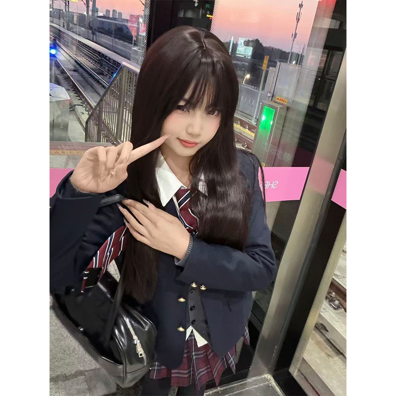 学院风Jk制服绀色西装正肩外套百搭玄jk格裙基础款衬衫上衣一整套