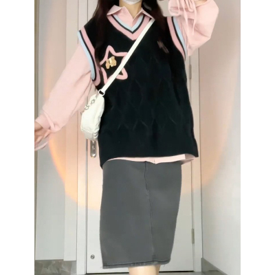 甜美v领星星慵懒风针织背心马甲女+粉色绑带衬衫校园风马甲两件套
