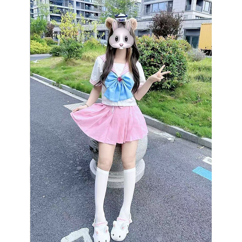 原创夏季日系学院风甜美少女粉色蓝色短袖水手服女可爱JK制服套装