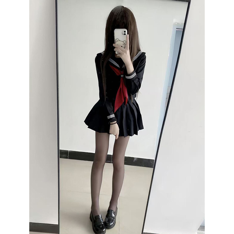 校供感中间服基础款黄领长袖上衣百褶裙短裙针织衫日系水手服套装