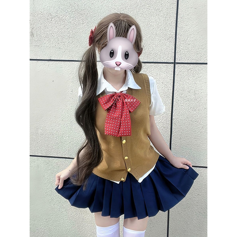 JK制服针织衫棕色马甲背心开衫新品套装叠穿衬衫上衣绀JK裙一整套