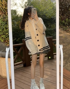 学院风套装女2023秋季新款可盐可甜针织开衫毛衣外套百褶裙三件套