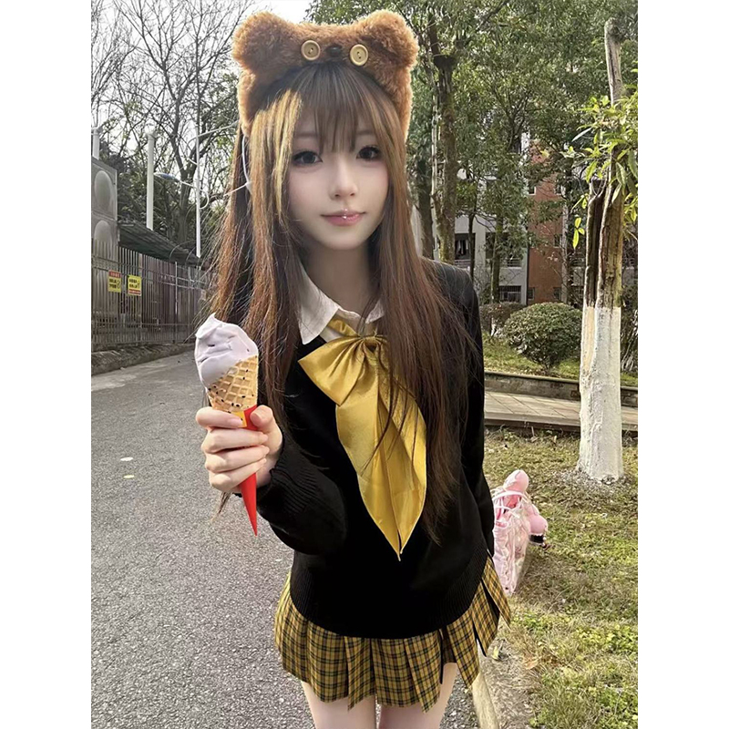 原创jk制服针织衫黑色v领开衫樱花妹穿搭长袖套装学院风宽松套装