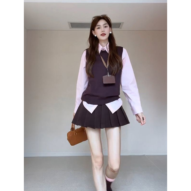 法式穿搭一整套学院甜妹ins风秋季针织衫背心马甲+粉色POLO领衬衫