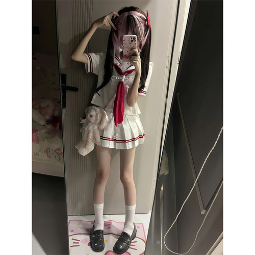 可爱甜妹夏季短袖原创jk套装学院风软萌少女红草莓校供感水手服女