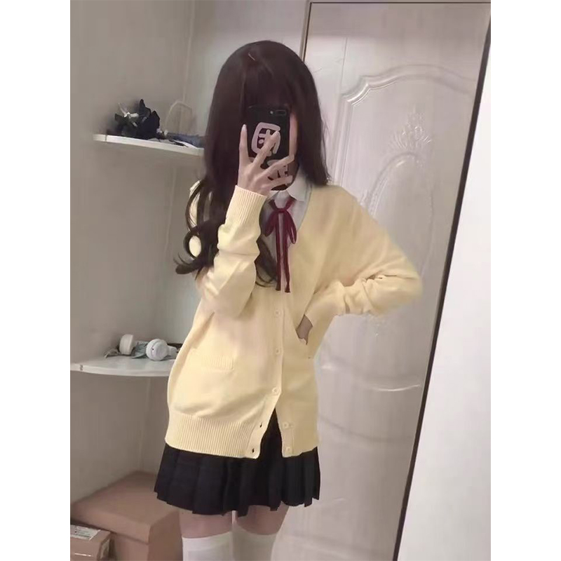 JK黄色毛衣长袖宽松针织衫上衣外套秋冬日系学院风jk制服开衫套装