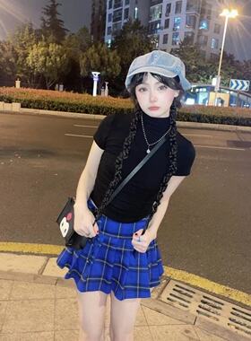 美式复古蓝色格子半身裙女夏季新款辣妹超短裙防走光a字裙百褶裙