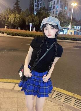 美式复古蓝色格子半身裙女夏季新款辣妹超短裙防走光a字裙百褶裙