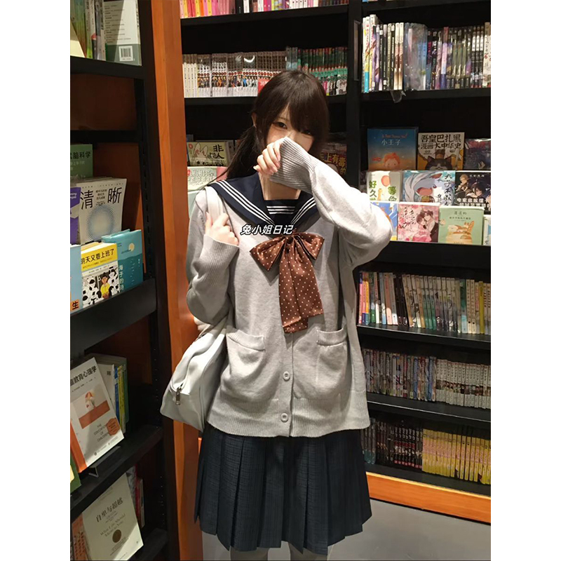 初秋针织衫海苔长格裙浅灰开衫毛衣套装日系浓绀三本叠穿JK制服