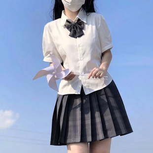 纯欲收腰绑带衬衫 jk制服女夏季 白色衬衣上衣短袖 学院风泡泡袖 套装