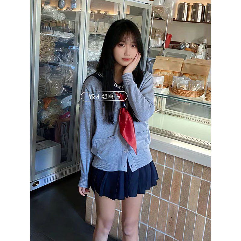 校供感绀领白长袖叠穿开衫学院风基础款百搭小众原创水手服套装女