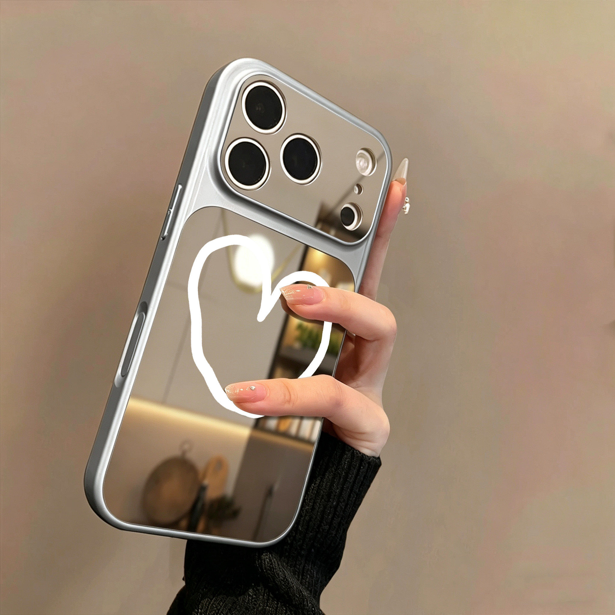 韩国博主ins设计手绘爱心适用iPhone17promax镜面苹果16pro手机壳15新款全包相机按键14保护套13化妆补妆壳女