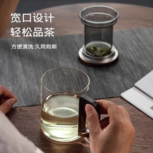 茶水分离泡茶杯耐高温高档玻璃茶杯办公室喝水杯木把手柄茶道杯