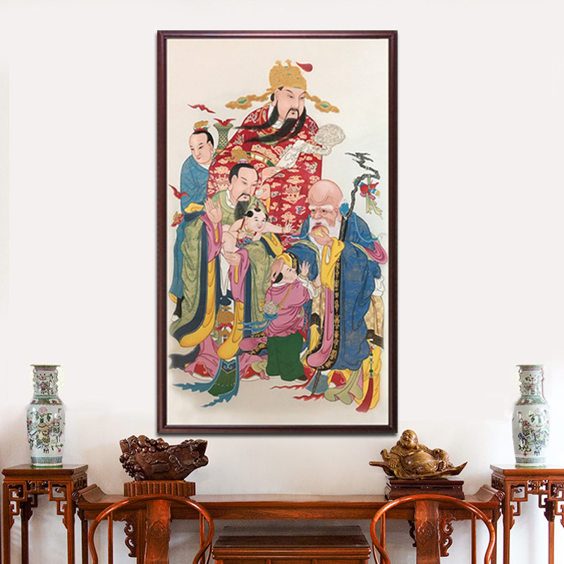 福禄寿三星高照五路财神中堂画祝寿星财神关公挂画招财对联字画芯