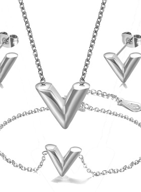 V字母项链耳环钛钢套装 Jewelry Set不锈钢饰品三件套 V字型手链