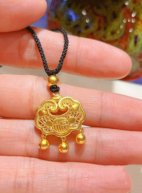 长命锁项链女士平安如意锁黄铜镀金电镀真金保色民族风吊坠锁骨链