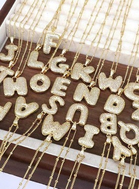 跨境热卖瓜子扣胖字母26个英文字母吊坠项链女气质百搭镶锆石镀金