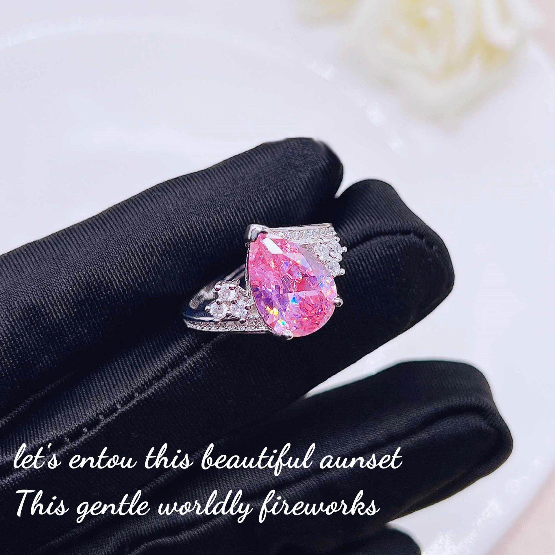 新款轻奢阿盖尔粉钻皇冠戒指 海蓝宝高碳钻水滴梨形彩宝开口戒指