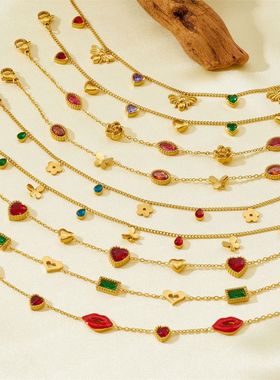 跨境新款简约精致细链条不锈钢配件滴油嘴唇水果花朵镶钻配饰手链