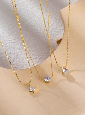 单钻方糖水滴钻项链钛钢镀18K金不掉色简约精致锁骨链小众设计感