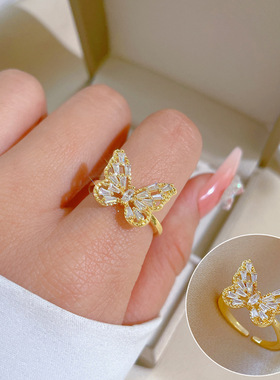 【真金电镀】开口重工蝴蝶时尚微镶轻奢指环食指戒网红同款冷淡风