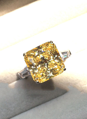 ins风超闪阿斯切黄钻开口戒指 欧美奢华仿真锆石公主方钻订婚女戒