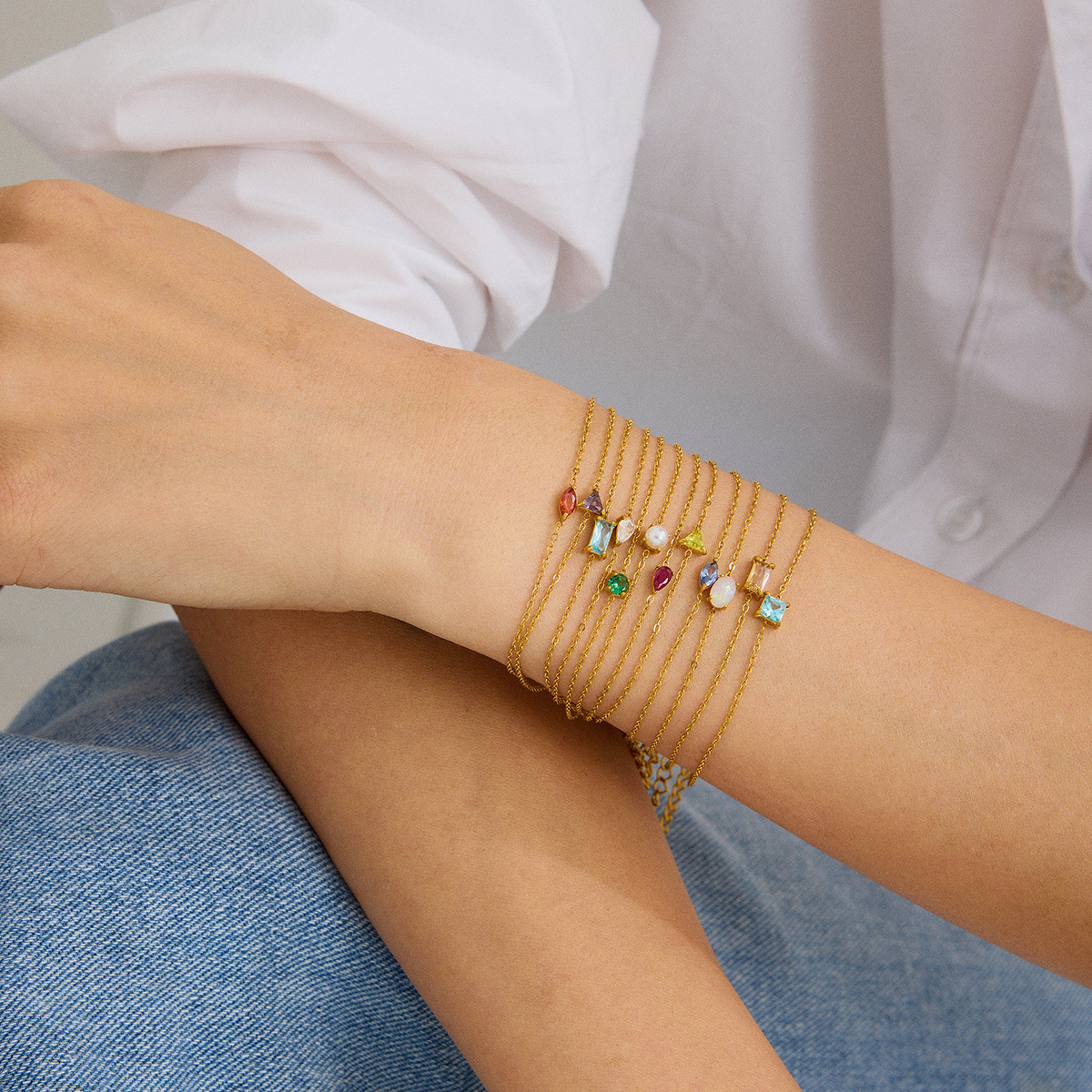 静俏欧美畅销不锈钢锆石手链耳钉生辰石18k金轻奢高级感跨境手饰