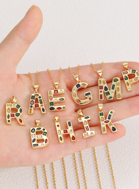 跨境热卖26个英文字母铜镶锆石吊坠 diy饰品配件时尚简约彩钻项链