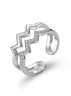 日韩新款心动时分锆石饰品女生双层简约微镶开口戒指曲线波浪指环