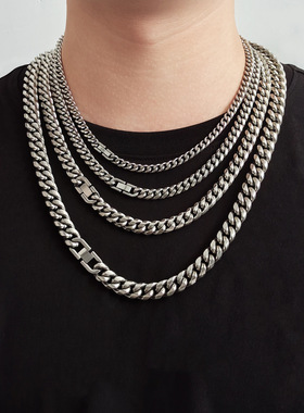 钛钢古巴链嘻哈项链不锈钢圆磨加密链时尚男士珠宝扣钛钢项链饰品