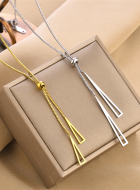 欧美甜酷可调节项圈抽拉式三角玫瑰金色流苏盒子链钛钢项保色饰品