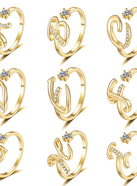 欧美爆款锆石26个英文字母主钻戒指女时尚街拍百搭开口可调节指环