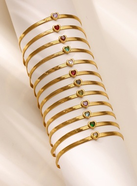 跨境百搭心形生日石扁蛇链手链18K镀金蛇皮创意极简INS风手链女