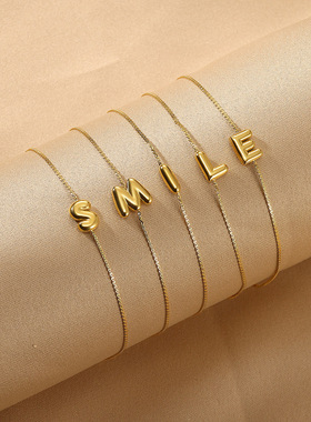 跨境简约不锈钢首字母胖乎乎手链18镀金钛钢26字母手串气质百搭女