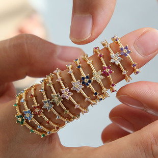 跨境ins热销18k黄铜彩锆十二月生辰石小花朵开口花形女款时尚戒指