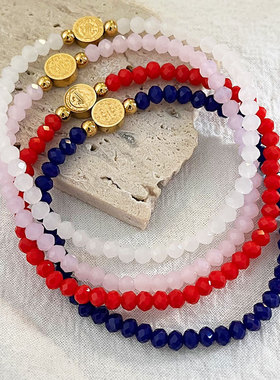 新品手工串珠双面双面老人头圆牌不锈钢手链女多款彩珠红色手饰品