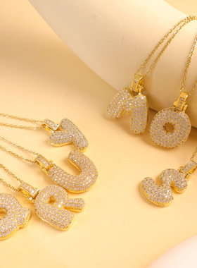 跨境项链新款26个英文小胖字母铜镶嵌锆石轻奢小众设计高级感配饰