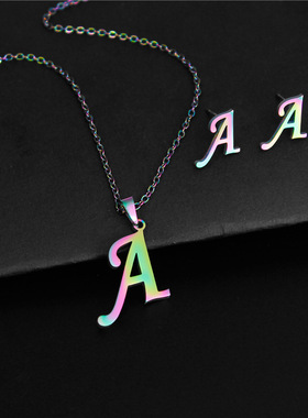 跨境七彩配饰 欧美嘻哈不锈钢项链耳钉套装 简约26个英文字母项链