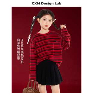儿童新年红色复古条纹长袖T恤2025新款女童宽松透气圆领上衣