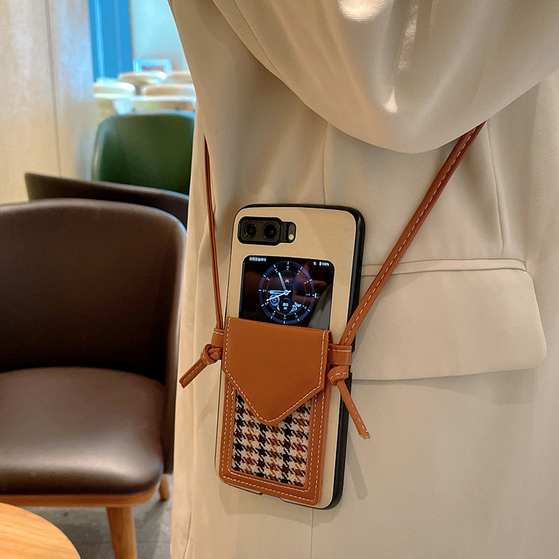 日韩复古风千鸟格适用于摩托罗拉razr2022手机壳高级感卡包女款斜挎摩托罗拉motoRazr2022外壳奢华防摔轻奢风