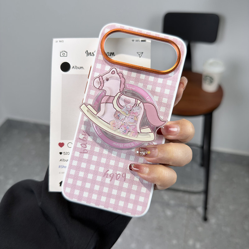 高级可爱马磁吸适用荣耀500pro手机壳粉格纹荣耀500保护套全包防摔荣耀500PRO软边粉色马磁吸支架摇摇乐