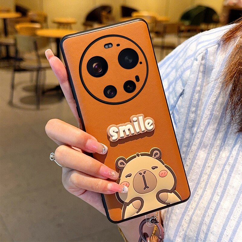 适用小米17ultra手机壳皮纹卡通水豚17ultra徕卡版保护壳创意复古棕皮质17ultra全包防摔轻奢手提挂绳