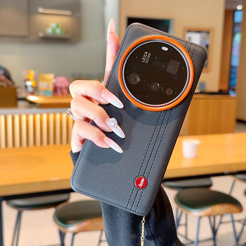 高级金甲适用小米15Ultra手机壳皮纹徕卡标14ultra保护套高档橙色金属镜头15Ultra全包防摔硅胶软边