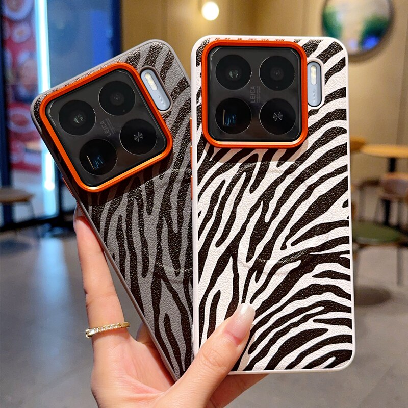 创意斑马纹适用小米15手机壳磁吸15Pro皮纹新款15SPro保护套全包防摔硅胶软边小米14高档高级橙色金属镜头