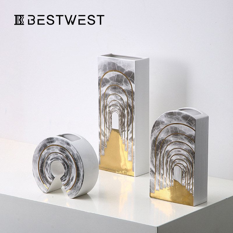 Best west 北欧几何仿大理石陶瓷花瓶花器 ins家居轻奢装饰品摆件