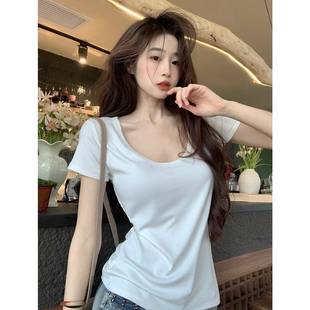 低领正肩辣妹上衣夏季 2025年春装 U领方领白色宽松T恤短袖 新款 女装