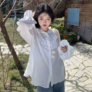 202季 网红款 棉衬衫 宽松亮甜美龄边连帽长袖 独特 减花系带纯5秋新款